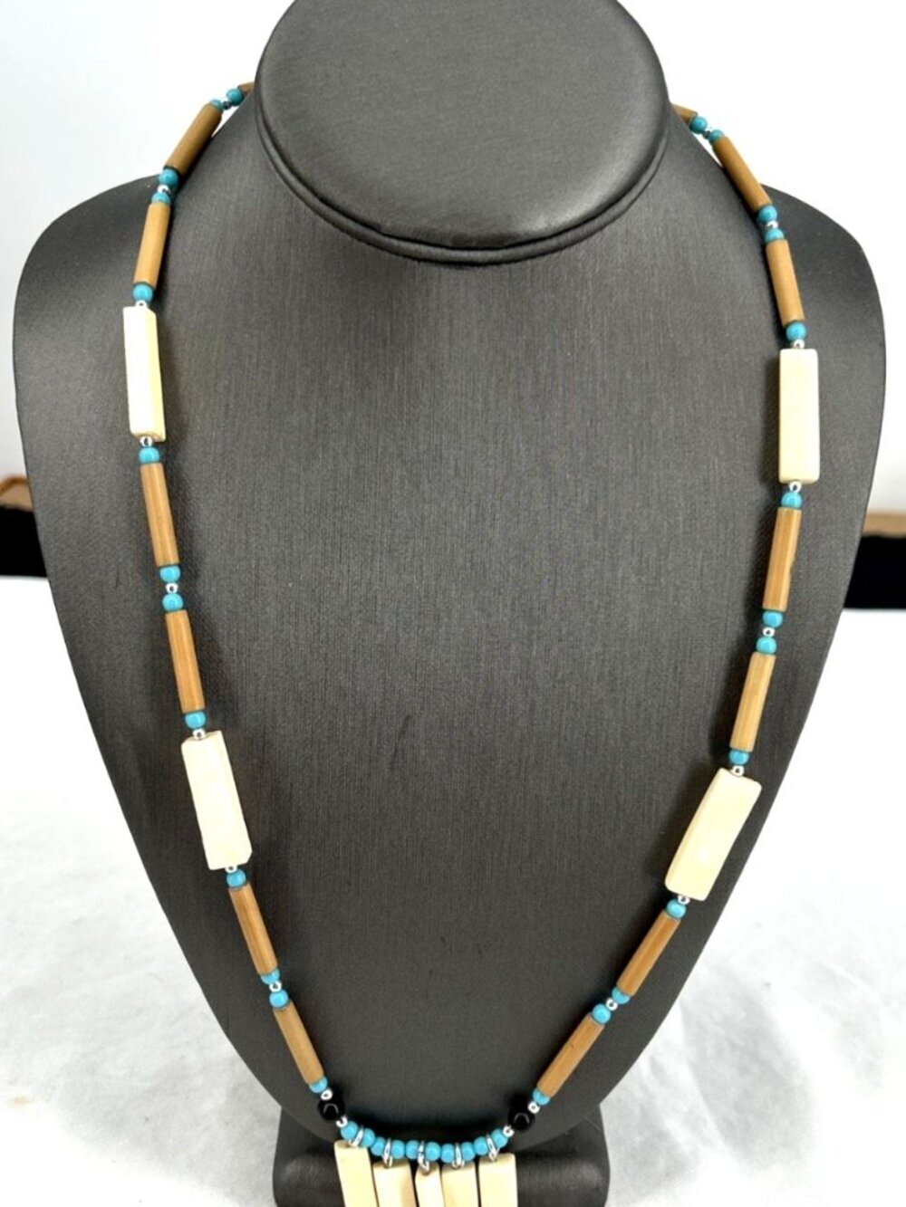 Vintage Bone Beaded Necklace Turquoise Beads 25"
